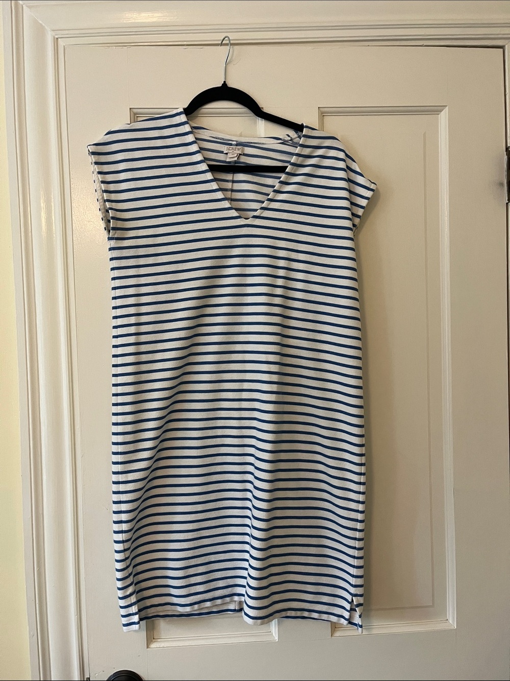 J. Crew Blue and White Striped V-Neck Midi Dress